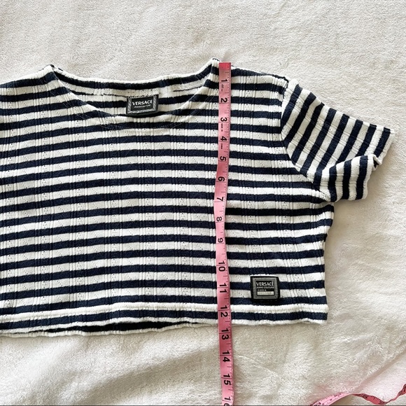 Vintage 90s Versace Jeans Couture Blue And White Striped Cotton Knit Crop Top - Picture 9 of 11